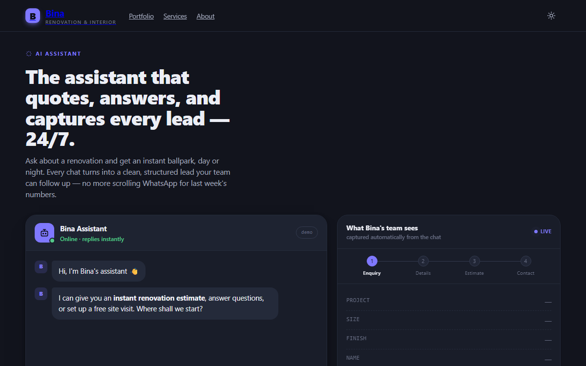 Screenshot of the Bina Assistant site