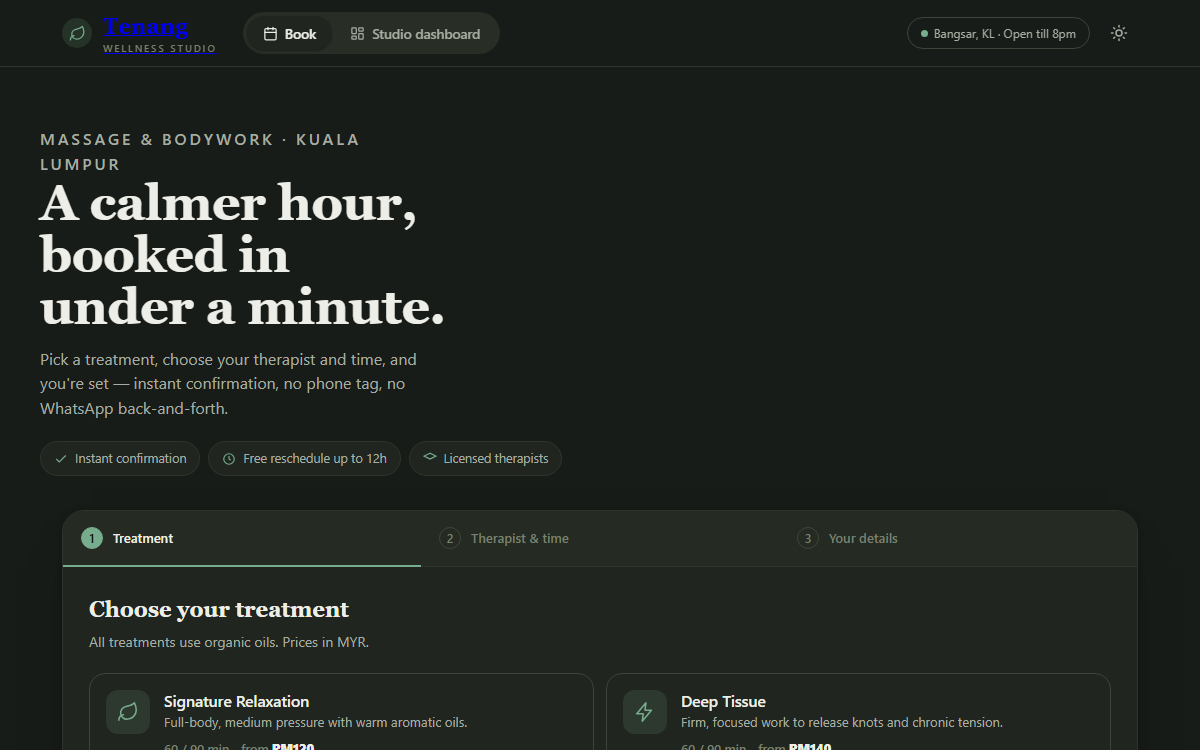 Screenshot of the Tenang Wellness Studio site